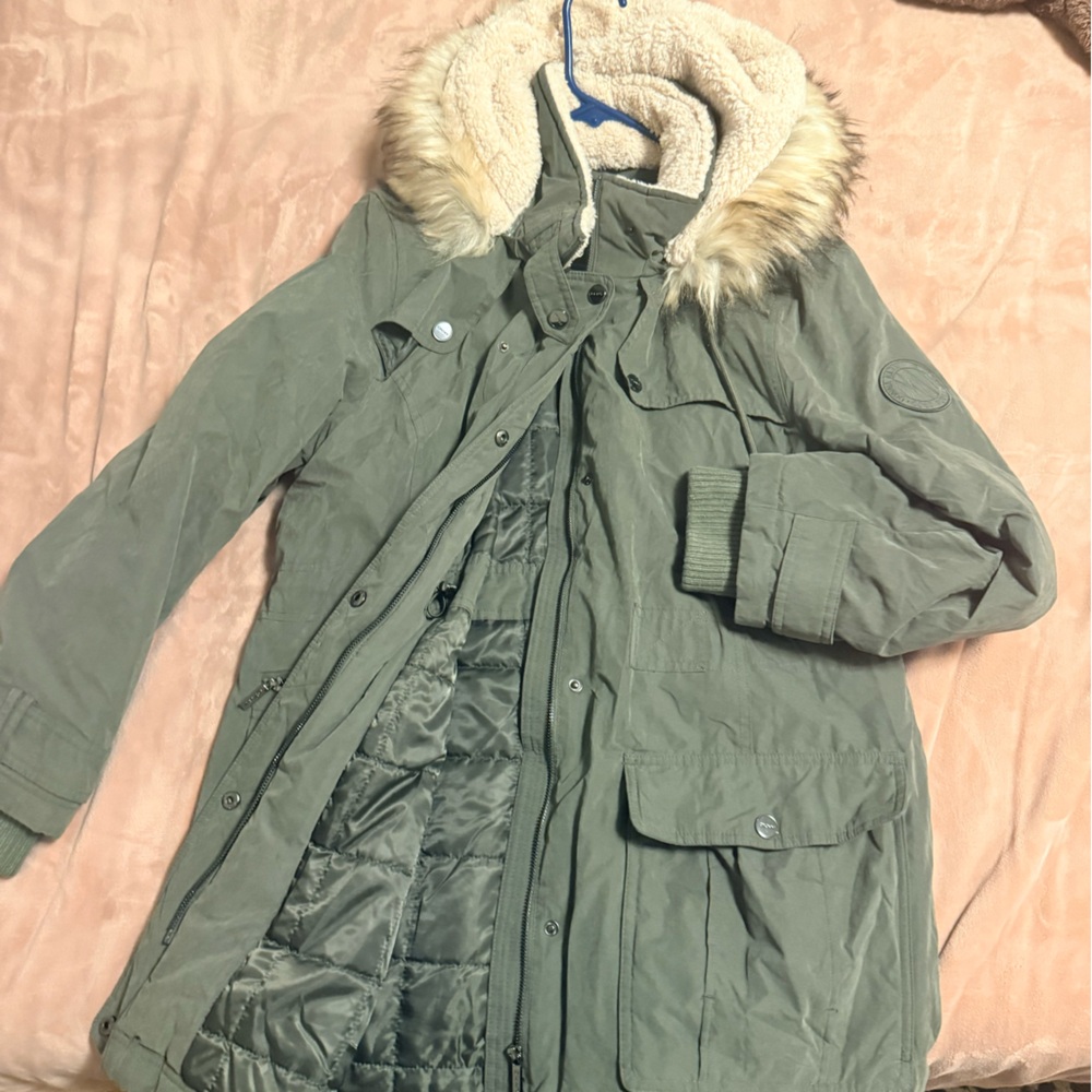 DKNY Olive Utility Jacket with Faux Fur Hood